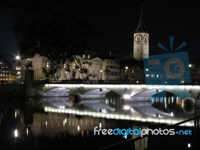 Zurich By Night At Limmat Stock Photo