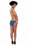 25 Years Young Woman In Swimsuit With American Flag Stock Photo