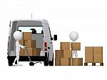 3d Workers Loading Boxes To Van Stock Photo