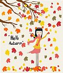 A Girl Enjoying Colourful Fall Leaves Under Dry Tree In Autumn Season, Wind Blow With Hello Autumn Word Stock Photo