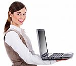 A Girl Holding Laptop Stock Photo