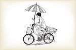 A Girl Riding Bicycle To Market And Adapting Umbrella On Bicycl Stock Photo