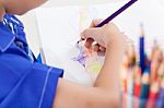 Adorable Boy Drawing Picture Stock Photo