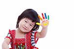 Adorable Little Asian (thai) Girl Painting Her Palm, Isolated On Stock Photo