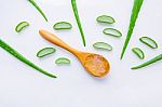 Aloe Vera Fresh Leaves With Aloe Vera Gel On Wooden Spoon. Isola Stock Photo