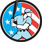 American Baseball Batter Hitter Usa Flag Circle Retro Stock Photo