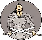 Angry Samurai Warrior Crossing Swords Oval Drawing Stock Photo