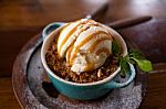 Apple Crumble Dessert With Ice Cream Stock Photo