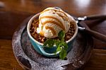 Apple Crumble Dessert With Ice Cream Stock Photo