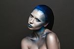 Art Makeup With Blue Hair And Rhinestones Stock Photo