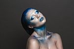 Art Makeup With Blue Hair And Rhinestones Stock Photo