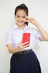 Asia Thai High School Student Uniform Beautiful Girl Read A Book Stock Photo