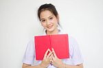 Asia Thai High School Student Uniform Beautiful Girl Read A Book Stock Photo