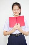 Asia Thai High School Student Uniform Beautiful Girl Read A Book Stock Photo