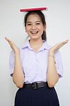 Asia Thai High School Student Uniform Beautiful Girl Read A Book Stock Photo