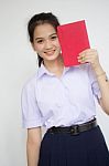 Asia Thai High School Student Uniform Beautiful Girl Read A Book Stock Photo