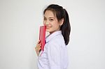 Asia Thai High School Student Uniform Beautiful Girl Read A Book Stock Photo