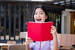 Asia Thai High School Student Uniform Beautiful Girl Read A Book Stock Photo