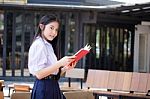 Asia Thai High School Student Uniform Beautiful Girl Read A Book Stock Photo