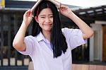 Asia Thai High School Student Uniform Beautiful Girl Read A Book Stock Photo