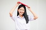 Asia Thai High School Student Uniform Beautiful Girl Read A Book Stock Photo