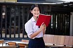 Asia Thai High School Student Uniform Beautiful Girl Read A Book Stock Photo