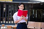 Asia Thai High School Student Uniform Beautiful Girl Read A Book Stock Photo