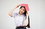 Asia Thai High School Student Uniform Beautiful Girl Read A Book Stock Photo