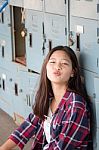 Asia Thai Teenager Women Scotch T-shirt Relax And Smile Stock Photo