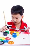 Asian Boy Draw Image Using Drawing Instruments, Creativity Concept Stock Photo