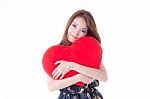 Asian Woman Holding A Red Heart Stock Photo