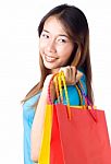 Asian Woman Holding Shopping Bag Stock Photo