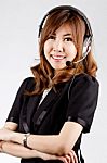 Asian Women Call Center With Phone Headset Stock Photo