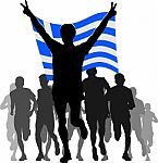 Athlete With The Greece Flag At The Finish Stock Photo