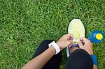 Athletic Woman Tying Laces Ready To Fitness Sport Stock Photo