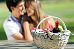 Attractive Couple On Romantic Picnic In Countryside Stock Photo