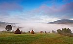 Autumn September Foggy Morning In Mountains Stock Photo