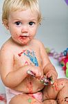 Baby Girl Celebrating Her First Bithday With Gourmet Cake And Ba Stock Photo