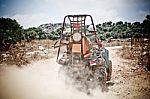 Back View Of Quad Bike Riders Stock Photo