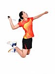 Badminton Player Isolated On White Background Stock Photo