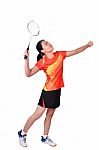 Badminton Player Isolated On White Background Stock Photo