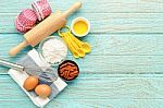 Baking Background With Ingredients And Utensils Stock Photo