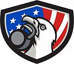 Bald Eagle Lifting Kettleball Usa Flag Shield Retro Stock Photo