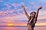 Beautiful Black African American Woman Posing On The Beach At Su Stock Photo