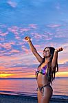 Beautiful Black African American Woman Posing On The Beach At Su Stock Photo