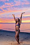 Beautiful Black African American Woman Posing On The Beach At Su Stock Photo