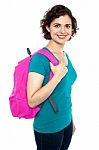 Beautiful Female Student With Pink Backpack Stock Photo