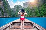 Beautiful Girl In Red Bikini On Boat Stock Photo