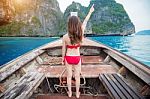 Beautiful Girl In Red Bikini On Boat Stock Photo