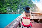 Beautiful Girl In Red Bikini On Boat Stock Photo